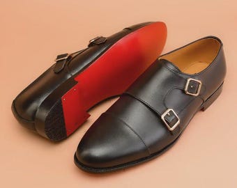 Handmade Black Leather Double Monk Strap Red Sole Shoes, Men's Formal & Casual Footwear