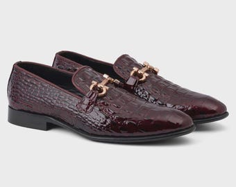Handmade Men’s Burgundy Leather Crocodile Texture Horsebit Loafers – Luxury Classic Slip-On Dress Shoes