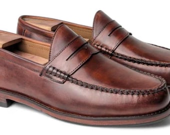 Mocassini Penny in pelle marrone fatti a mano / Scarpe eleganti casual da uomo classiche senza lacci