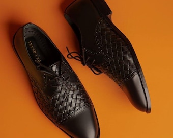 Handmade Black Woven Leather Oxford Shoes | Men’s Lace-Up Dress Shoes