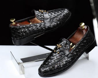 Handmade Black Woven Leather Loafers | Men’s Italian Dress Shoes with Gold Bee Detail
