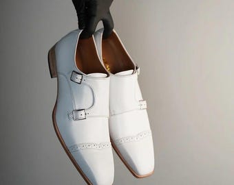 Men’s white double monk strap shoes, handmade leather oxfords, formal wedding dress