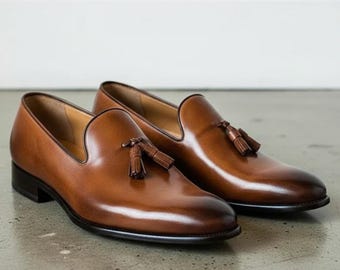 Men's Handmade  Brown Leather Belgian Tassel Loafers, office dress shoes