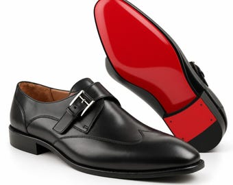 Handmade Genuine Black Leather Business Monk Strap Red Sole Party Shoes for Men