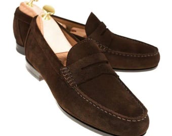 Men's Dark Brown Suede Penny Loafers Handmade Leather Dress Shoes