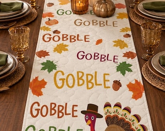 Quilted Thanksgiving Turkey Table Runner, Autumn Harvest Pumpkins Table Top, Fall Kitchen Decor, Rustic Country Farmhouse Thanksgiving Gift