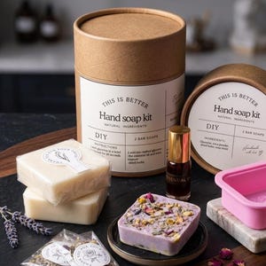 May include: A DIY hand soap kit with natural ingredients. The kit includes two bar soaps, essential oil, dried herbs, and a pink soap mold. The packaging features the text "THIS IS BETTER Hand soap kit".