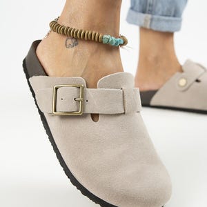 Leather Clogs Women, Suede Slip On Sandals, Comfortable Everyday Shoes, Buckle Strap Clogs, Casual Summer Footwear