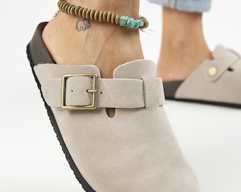 Leather Clogs Women, Suede Slip On Sandals, Comfortable Everyday Shoes, Buckle Strap Clogs, Casual Summer Footwear