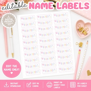 May include: A sheet of thirty rectangular name labels featuring the text Bella Smith in a pastel rainbow font, accompanied by a small heart and star icon on each label. The labels are arranged in three columns and ten rows on a white background.