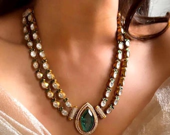Emerald Green Kundan Necklace Double Layer Polki Choker Indian Wedding Jewelry Set Bridal