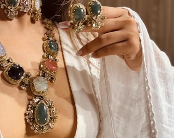 Sabyasachi Inspired Gold Plated Kundan Necklace Set – Multicolor Gemstone Statement Indian Wedding Jewelry