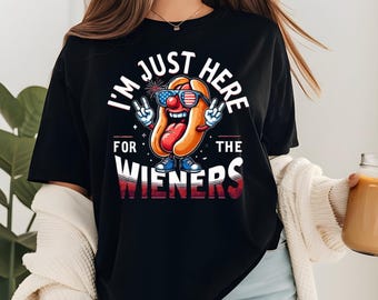 Just Here for the Weiners Graphic T-shirt, grappig retro hotdog-T-shirt