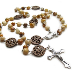 Catholic Rosary Golden Jade & Wood Silver Chain Rosary