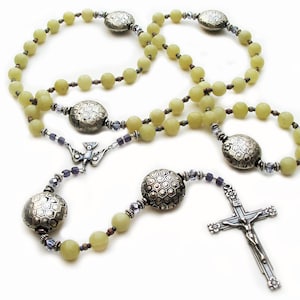 Catholic Rosary Sterling Silver Beaded with Olive Jade
