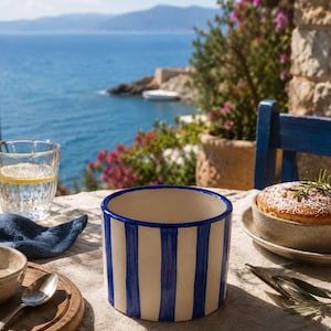 Puede incluir: Un recipiente cilíndrico de cerámica con rayas verticales azules y blancas. El recipiente está sobre una mesa puesta para una comida, con vistas al mar al fondo. Un vaso de agua con limón también está sobre la mesa.