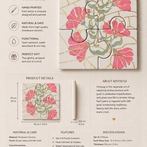 May include: A set of four square ceramic puzzle coasters featuring a hand-painted pink floral design with gold-colored lines. Each coaster measures 3.9 inches by 3.9 inches with a thickness of 0.3 inches, finished with a glossy glaze and 24K gold.