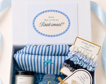 Doos bruidsmeisje voorstel gepersonaliseerd, blauw Will You Be My bruidsmeisje geschenkdoos, cosmetisch zakje kaars haaraccessoires, bruidsmeisje cadeau