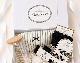 Doos voorstel bruidsmeisje gepersonaliseerd, zwart wit Will You Be My Bridesmaid-geschenkdoos, glazen beker cosmetisch zakje haaraccessoires cadeau