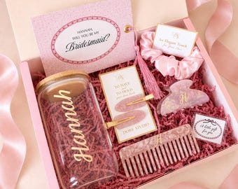 Gepersonaliseerde geschenkdoos bruidsmeisje, cadeau voor bruidsmeisje, zal je mijn bruidsmeisje zijn, glazen beker en haaraccessoires, doos voor bruidsfeest