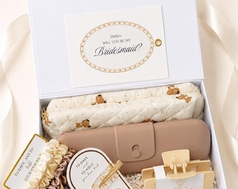 Gepersonaliseerde geschenkdoos bruidsmeisje, Will You Be My Bridesmaid-cadeauset, bruidsfeestcadeau met make-uptasje, haarklauw en zijden scrunchies