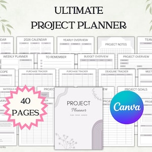 May include: A collection of 40 pages for a project planner featuring black text on white paper. The sheets include headers like 2027 Calendar, Project Scope, Budget Overview, and Project Results. A pink starburst graphic says 40 PAGES.