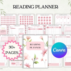 May include: A spiral-bound reading planner with a floral cover featuring pink flowers and the text READING PLANNER. The image displays over 30 pages of templates including book challenges, reading logs, habit trackers, and goal sheets in pink.