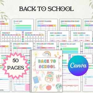 May include: A collection of 50 printable school planner pages featuring colourful headers and grids. The central spiral-bound notebook cover displays the text BACK TO SCHOOL with illustrations of a rainbow, backpack, apple, and globe. Includes charts.
