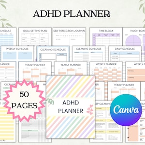 May include: A collection of ADHD planner pages featuring various templates like weekly schedules, goal setting plans, cleaning schedules, and vision boards. The set includes 50 pages with pastel-colored accents and a central cover page.