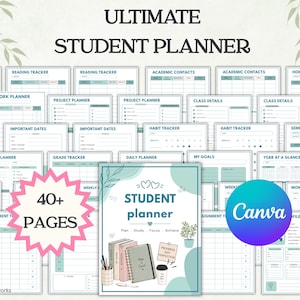 Peut inclure: Un ensemble de planificateur étudiant numérique comprenant plus de 40 pages avec divers modèles comme des suivis de lecture, des planificateurs de devoirs et des suivis de notes. La couverture affiche le texte Student planner et Progress Not Perfection.