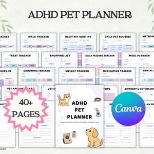 Puede incluir: Un planificador digital para mascotas ADHD de más de 40 páginas con varias plantillas de seguimiento, incluyendo control de esfínteres, paseos, alimentación, medicación y salud. La portada muestra un gato y un perro.