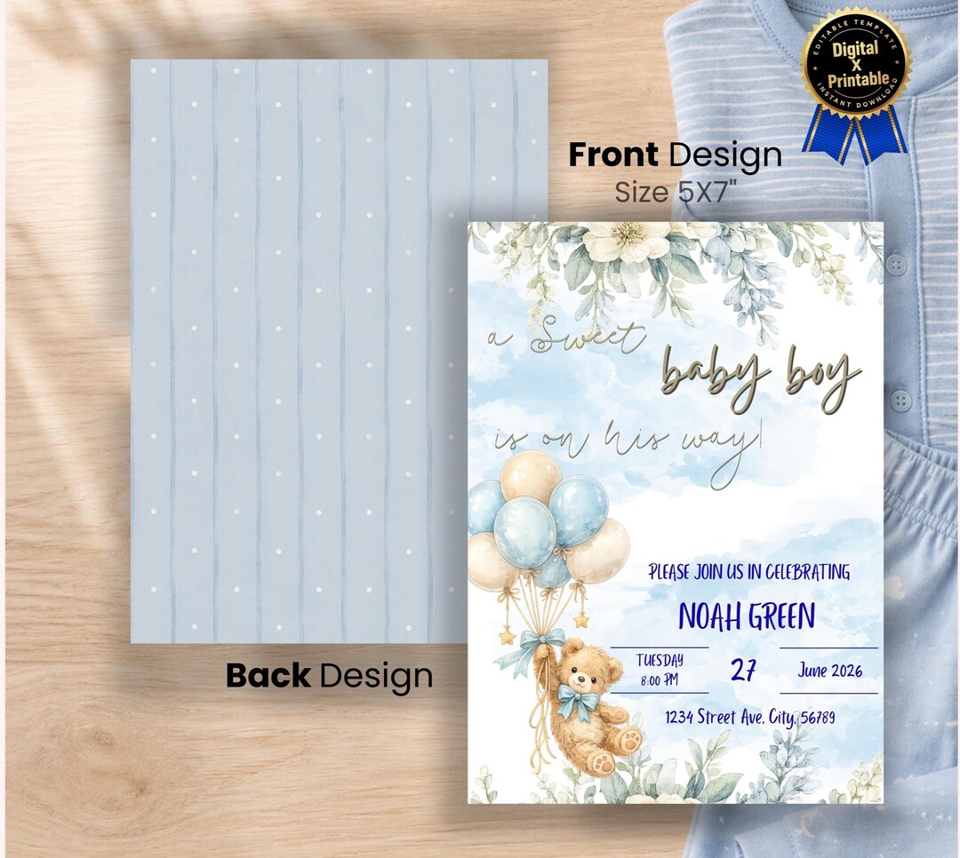 Baby Boy First Birthday Invitation Template: Dusty Blue Teddy Bear ...