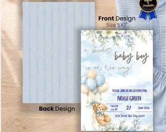 Baby Boy First Birthday Invitation Template: Dusty Blue Teddy Bear ...