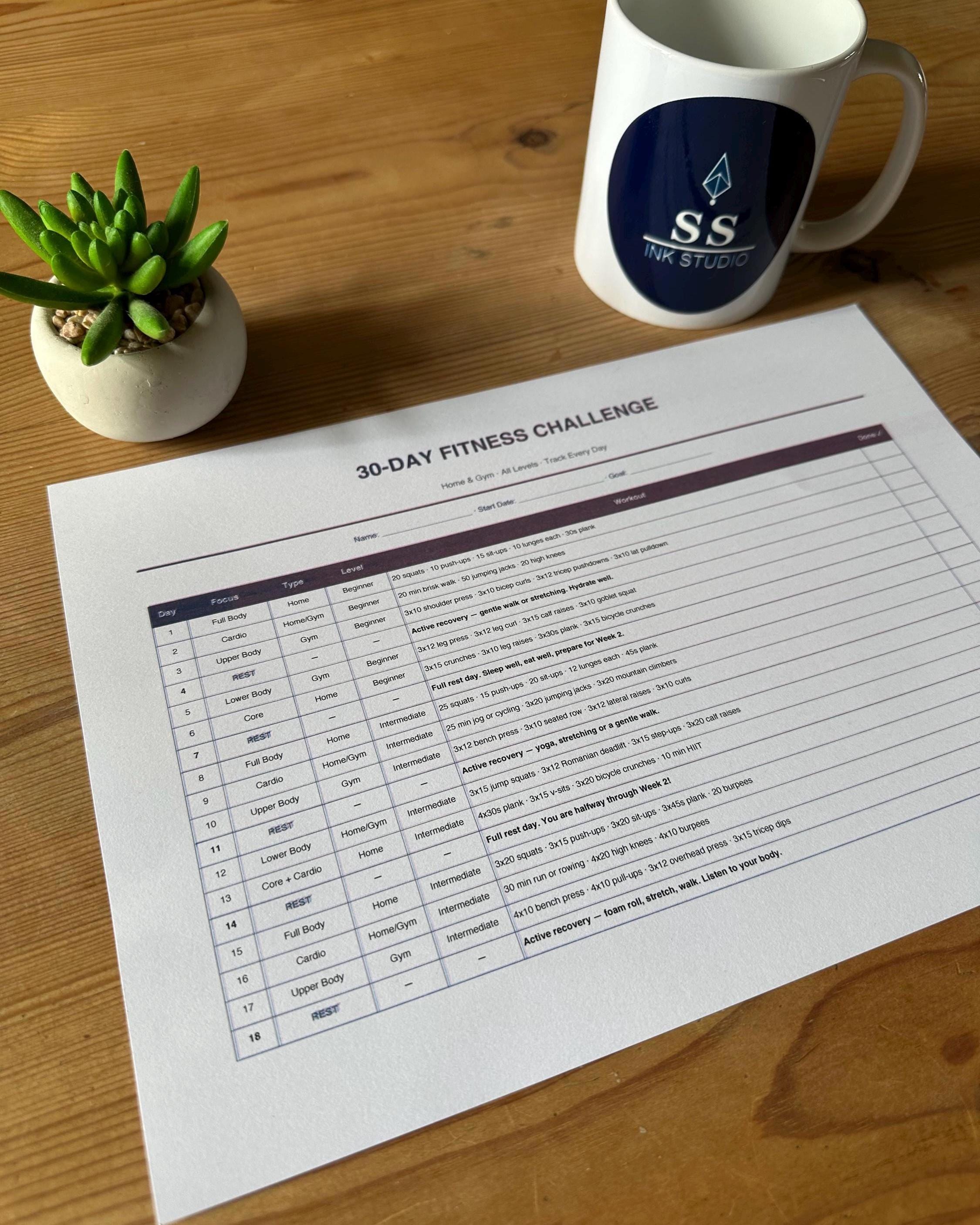30 Day Fitness Challenge Printable PDF | Home and Gym Workout Tracker ...