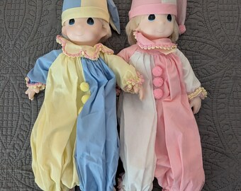 Precious Moments Pink and Blue Pajama Bag Doll Pair | 1990 Samuel Butcher | 22" Clown Dolls | Original Tags and Catalog | Vintage