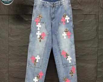 Cross Patch Baggy Jeans || Y2K Streetwear Denim Pants || Embroidered Jeans Unisex Trendy Pant