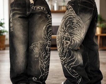 Black Wide Leg Tiger Jeans | Oversized Denim Pants