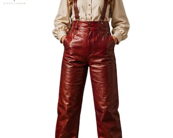 Peto navideño de cuero - Peto rojo de fiesta - Disfraz festivo con ribete de piel - Pantalón con tirantes estilo cottagecore