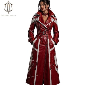 Abrigo largo tipo gabardina de cuero rojo para mujer - Chaqueta gótica con estilo cyberpunk