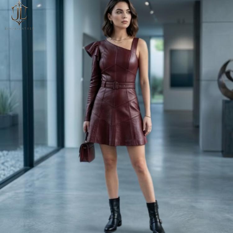 red wine leather dress Genuine Women's - Luxury Leather Party Outfit - One Shoulder Mini Dress-set leather dress