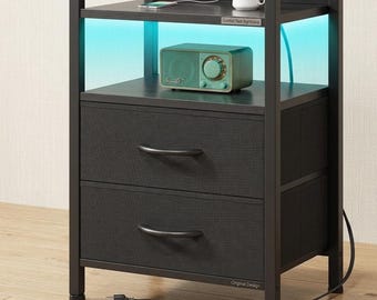 LED Nightstand with Charging Station – Modern Bedside Table with Drawers & Storage Shelf
