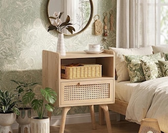 ラタン製ナイトスタンド、ボヘミアン風無垢材サイドテーブル、引き出し収納家具