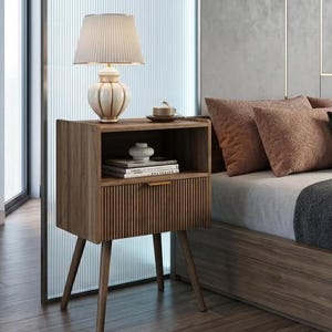 Modern Walnut Nightstand with Drawer and Open Shelf – Small Space Bedside Table