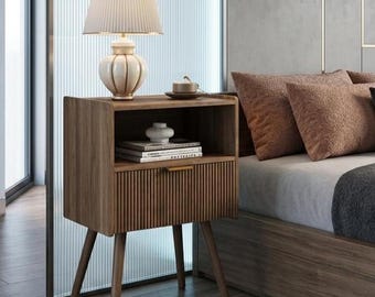 Modern Walnut Nightstand with Drawer and Open Shelf – Small Space Bedside Table