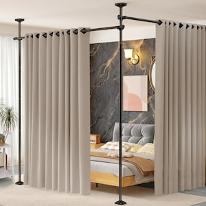 Room Divider Curtain Rod | No Drill Tension Stand | Adjustable Partition Wall | Freestanding Separator