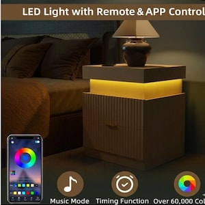 May include: A contemporary bedside table with LED lighting, remote, and app control. The unit emits a warm glow and has a drawer with a simple handle. A smartphone displays a colour wheel for light customisation. The text reads: LED Light with Remote & APP Control.