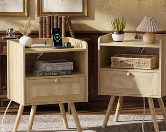 Mesita de noche bohemia de ratán con estación de carga, mesita de noche de madera de nogal con espacio de almacenamiento.