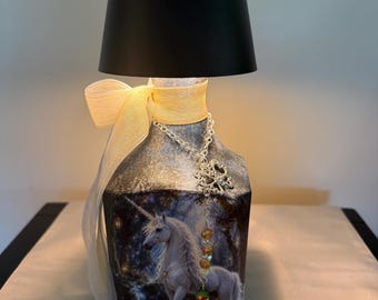 Altered Art Bottle - Fantasy White Unicorn Lamp