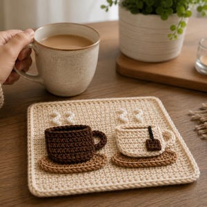 Könnte beinhalten: Ein quadratischer, beigefarbener Häkeluntersetzer mit zwei erhabenen, dreidimensionalen Applikationen: einer dunkelbraunen Kaffeetasse und einer hellbeigen Teetasse mit einem kleinen braunen Teebeutel-Etikett. Über beiden Tassen sind weiße Dampfwirbel gehäkelt.