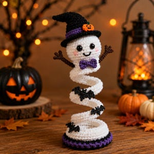 Könnte beinhalten: Eine gehäkelte Geisterfigur mit weißem spiralförmigem Körper, schwarzen Fledermaus-Akzenten und einer violetten Fliege. Der Geist trägt einen schwarzen Hexenhut mit violettem Band und einem kleinen orangefarbenen Kürbis-Detail am Kopf.